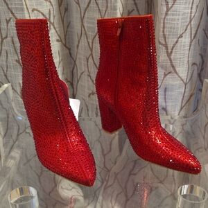Red Rhinestone Pointed Toe Ankle Boots NWT Size 8.5